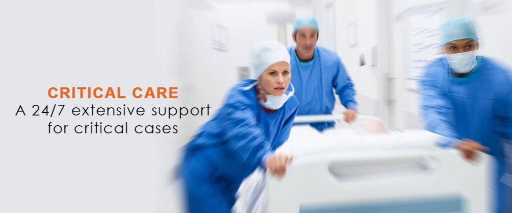 Medical professionals in scrubs and masks rushing a patient on a hospital bed through a hallway.