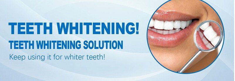 Close-up of a person smiling with white teeth, while a dental mirror reflects the whiteness of the teeth, accompanied by text about teeth whitening.